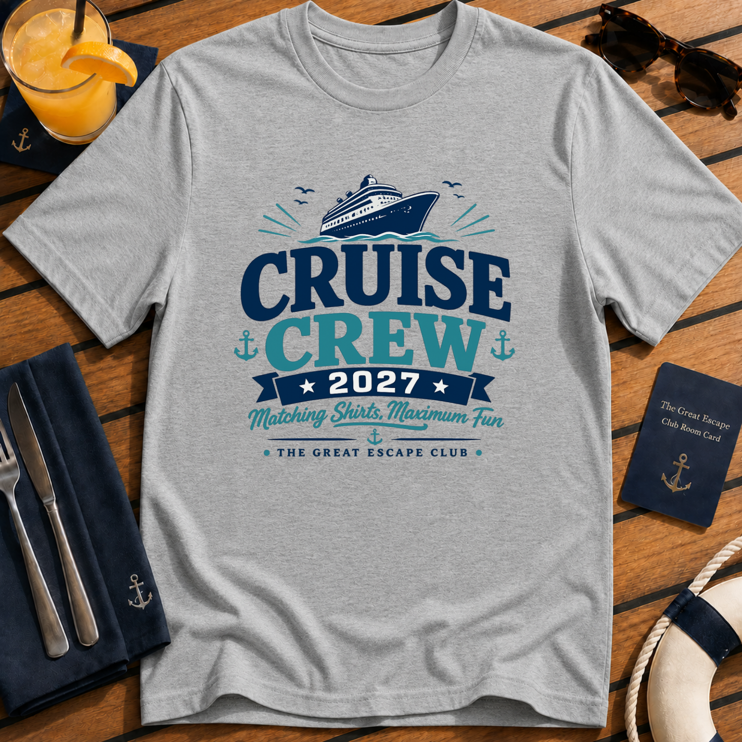 Cruise Crew 2027 matching cruise grey t-shirt for groups, families, solo sailors and holiday crews by The Great Escape Club