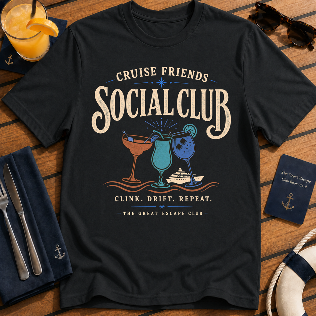 Cruise Friends Social Club funny cruise cocktail t-shirt design on Black shirt