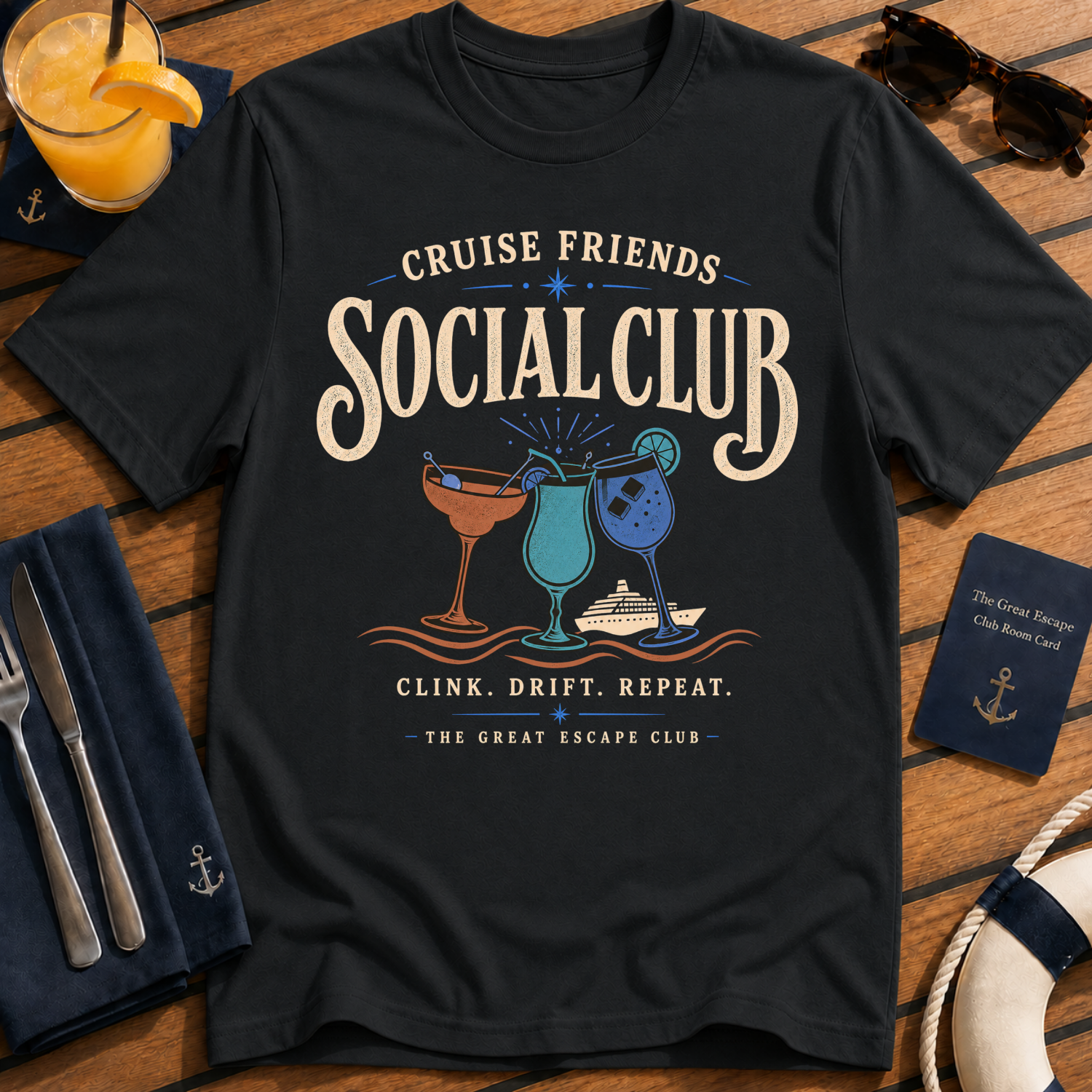 Cruise Friends Social Club funny cruise cocktail t-shirt design on Black shirt
