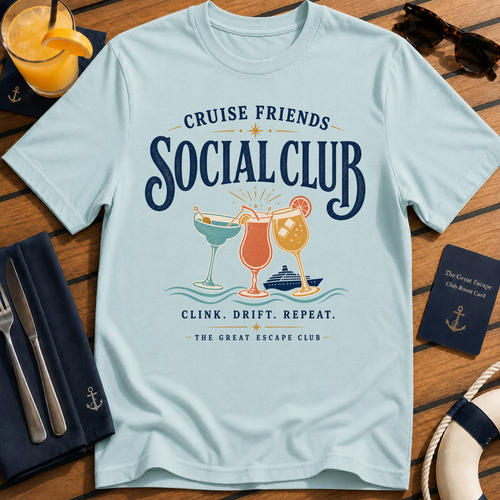 Cruise Friends Social Club funny cruise cocktail t-shirt design on Light Blue shirt