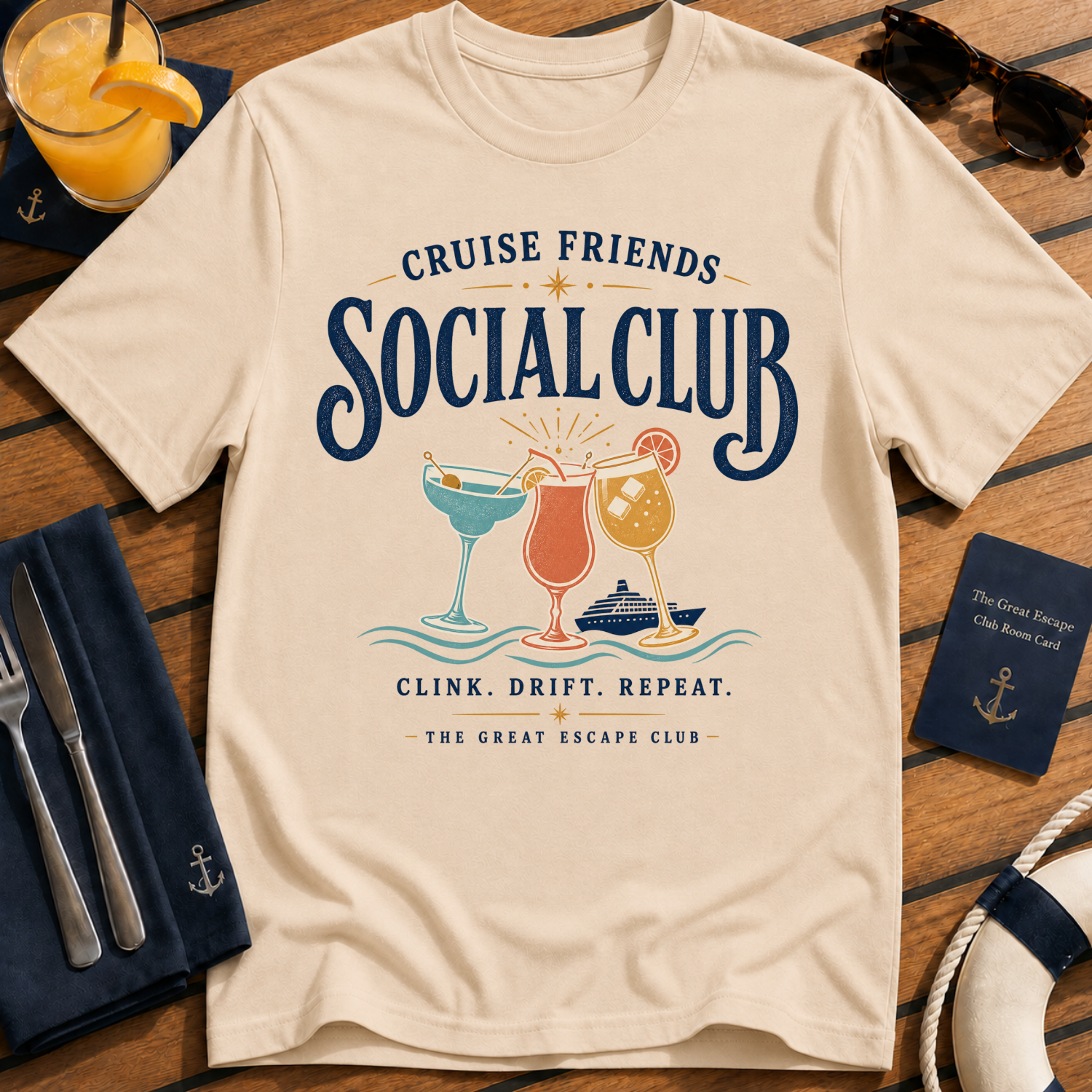 Cruise Friends Social Club funny cruise cocktail t-shirt design on Natural shirt