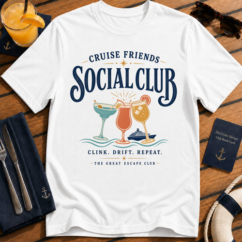 Cruise Friends Social Club funny cruise cocktail t-shirt design on White shirt