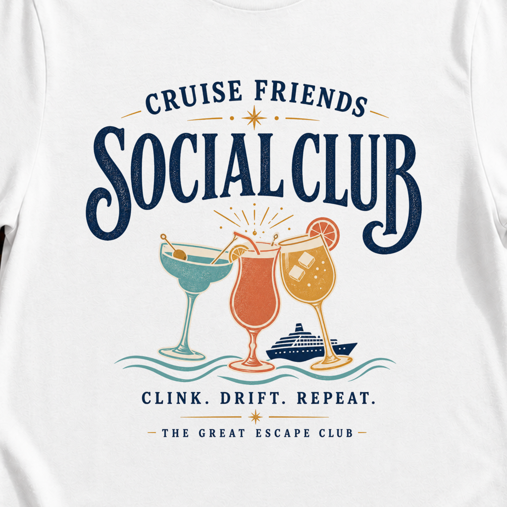 Cruise Friends Social Club funny cruise cocktail t-shirt design on White shirt
