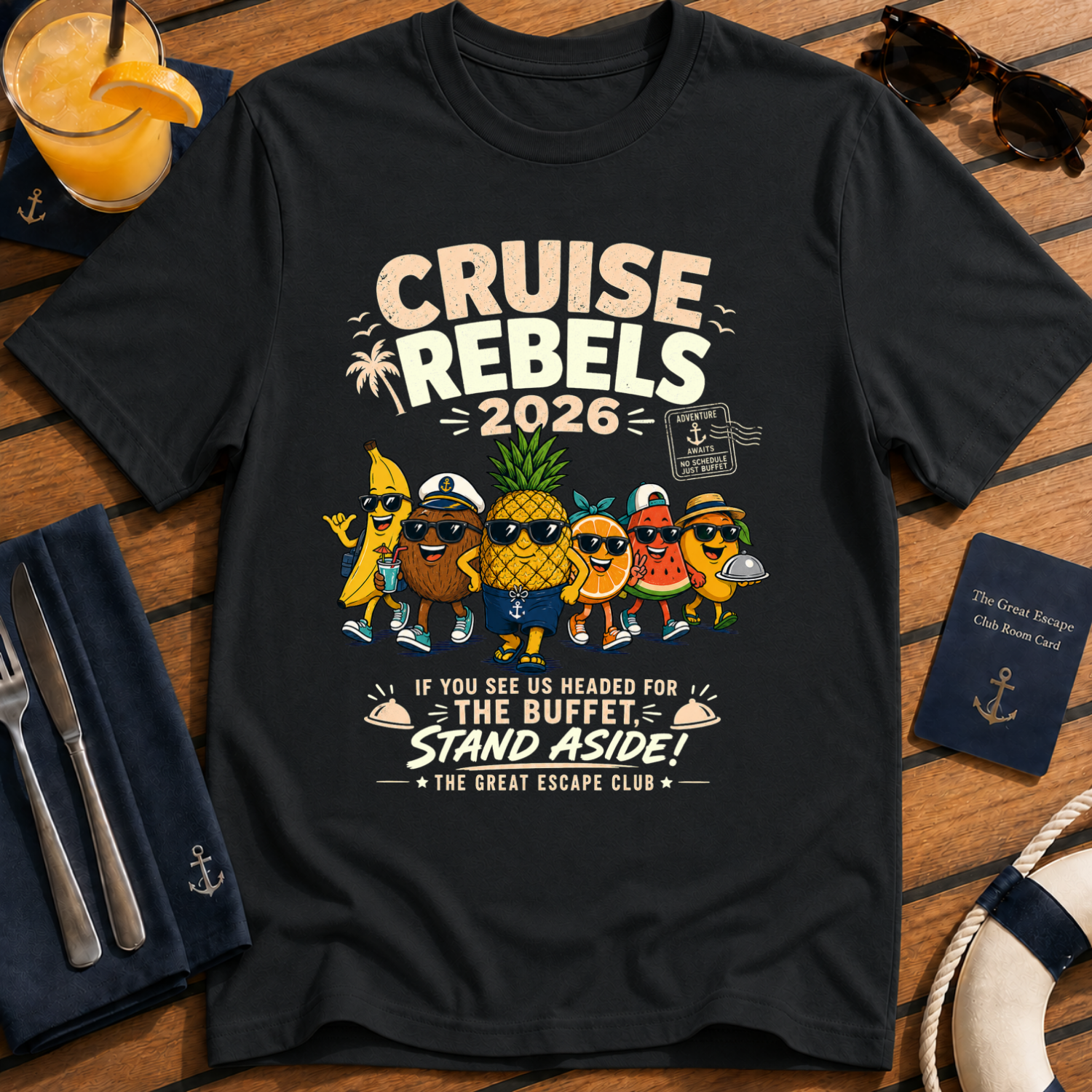 Cruise Rebels 2026 matching black cruise t-shirt for groups, families, solo sailors and holiday crews by The Great Escape Club