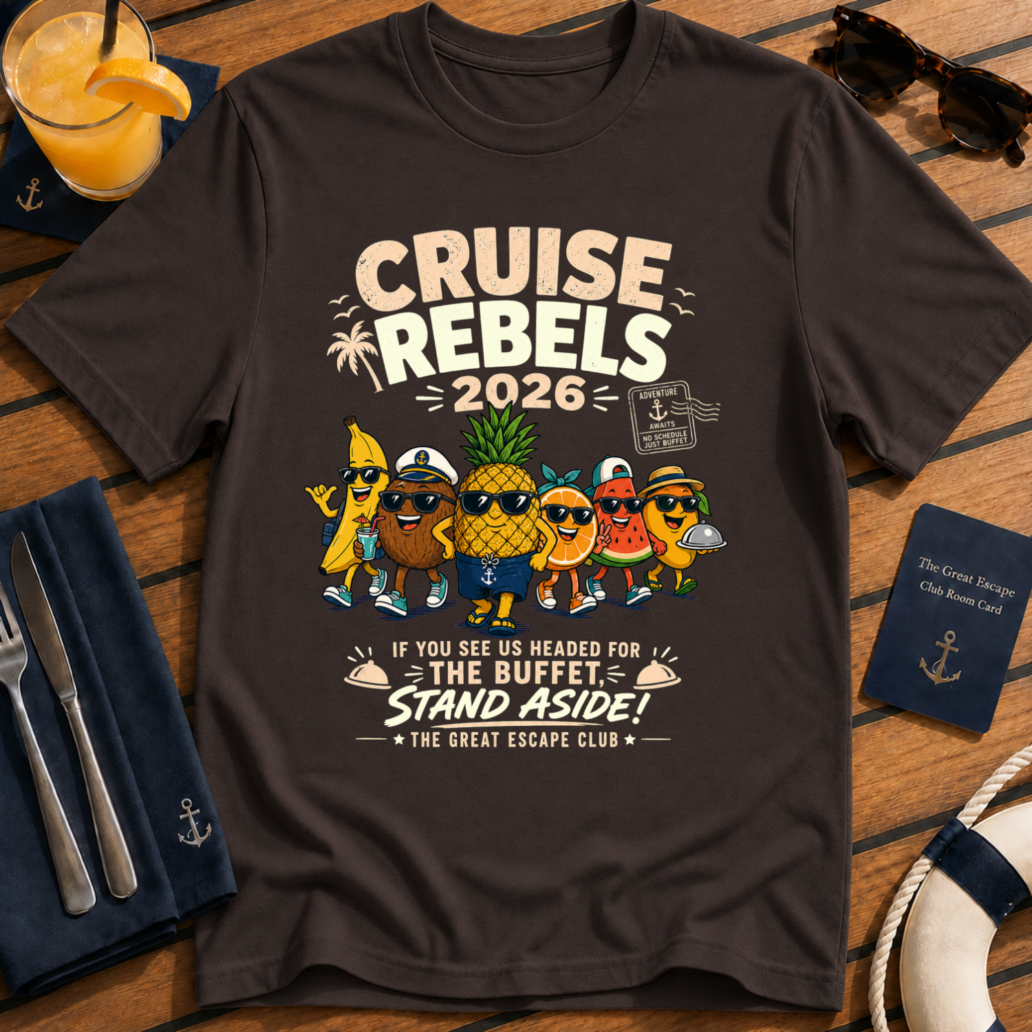 Cruise Rebels 2026 matching dark chocolate brown cruise t-shirt for groups, families, solo sailors and holiday crews by The Great Escape Club
