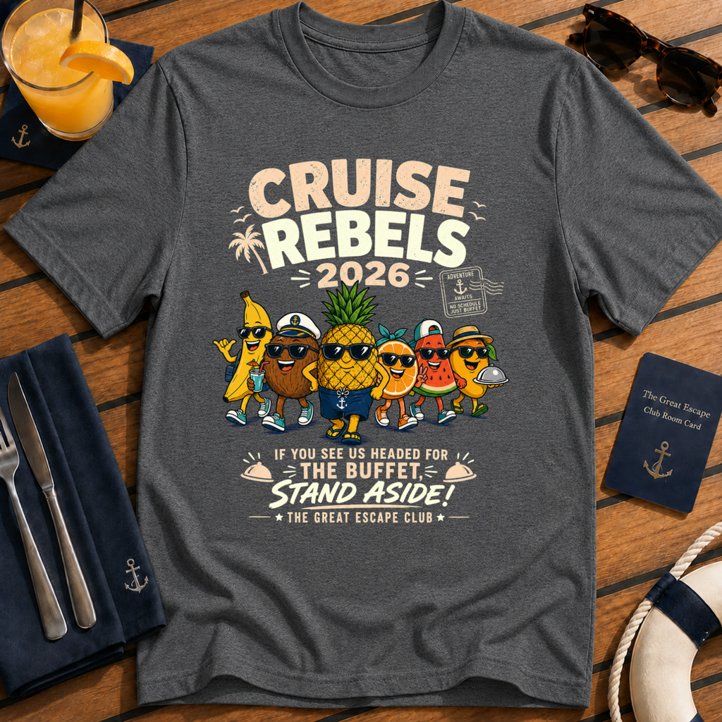 Cruise Rebels 2026 matching dark grey cruise t-shirt for groups, families, solo sailors and holiday crews by The Great Escape Club