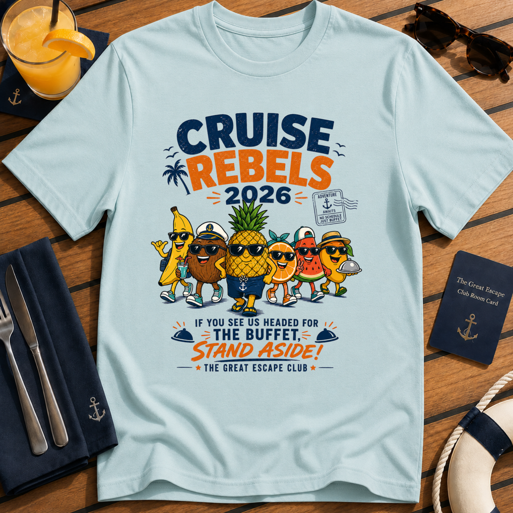 Cruise Rebels 2026 matching light-blue cruise t-shirt for groups, families, solo sailors and holiday crews by The Great Escape Club