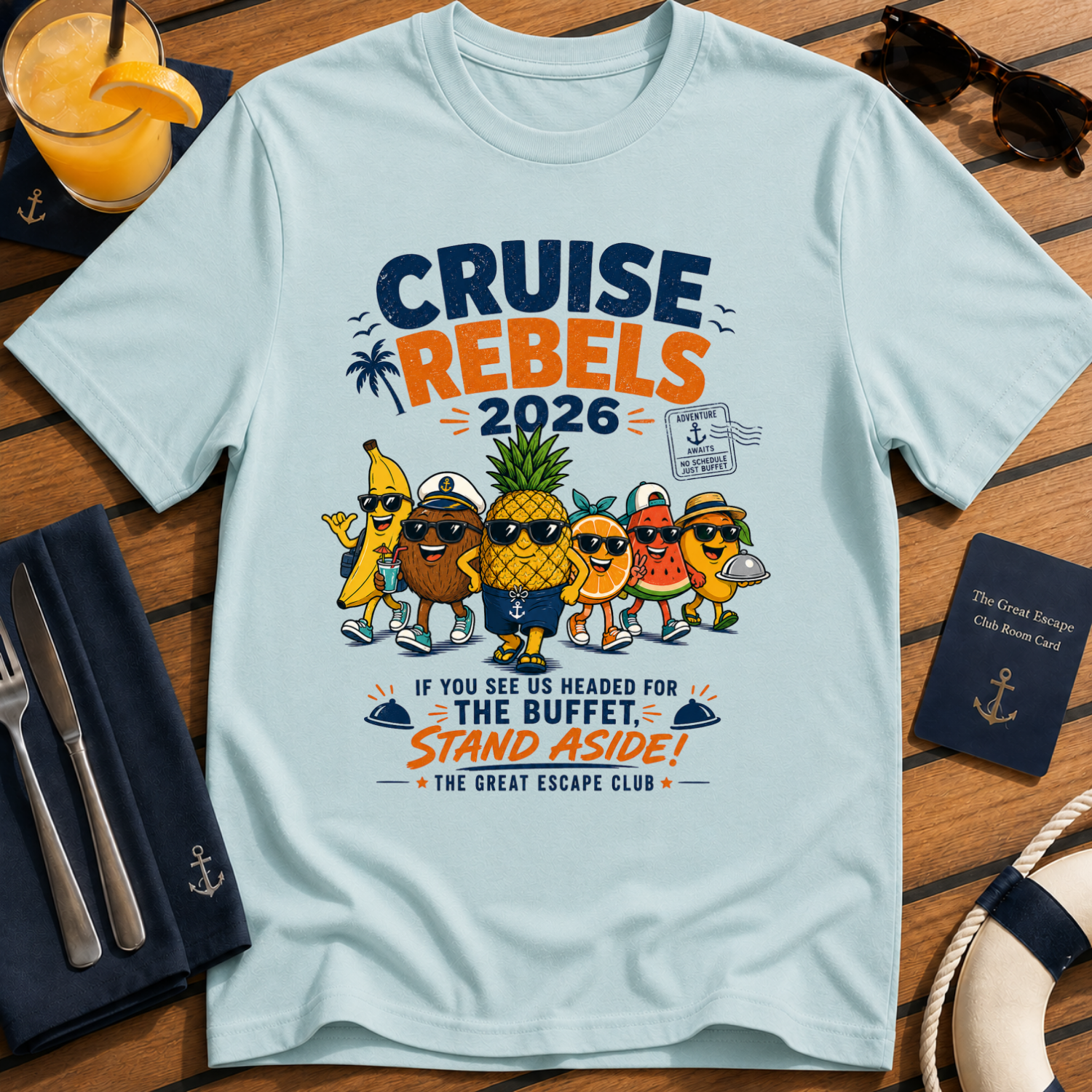Cruise Rebels 2026 matching light-blue cruise t-shirt for groups, families, solo sailors and holiday crews by The Great Escape Club
