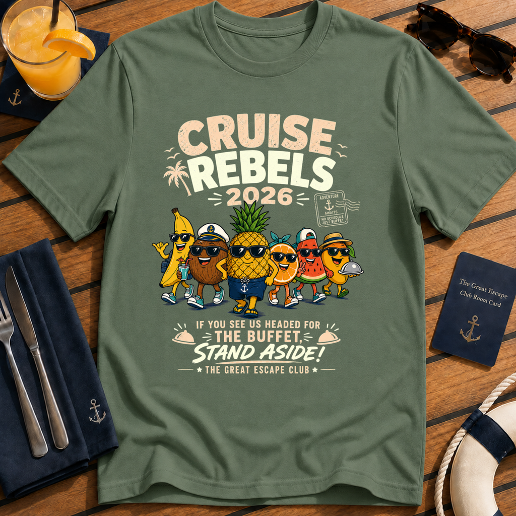 Cruise Rebels 2026 matching military green cruise t-shirt for groups, families, solo sailors and holiday crews by The Great Escape Club