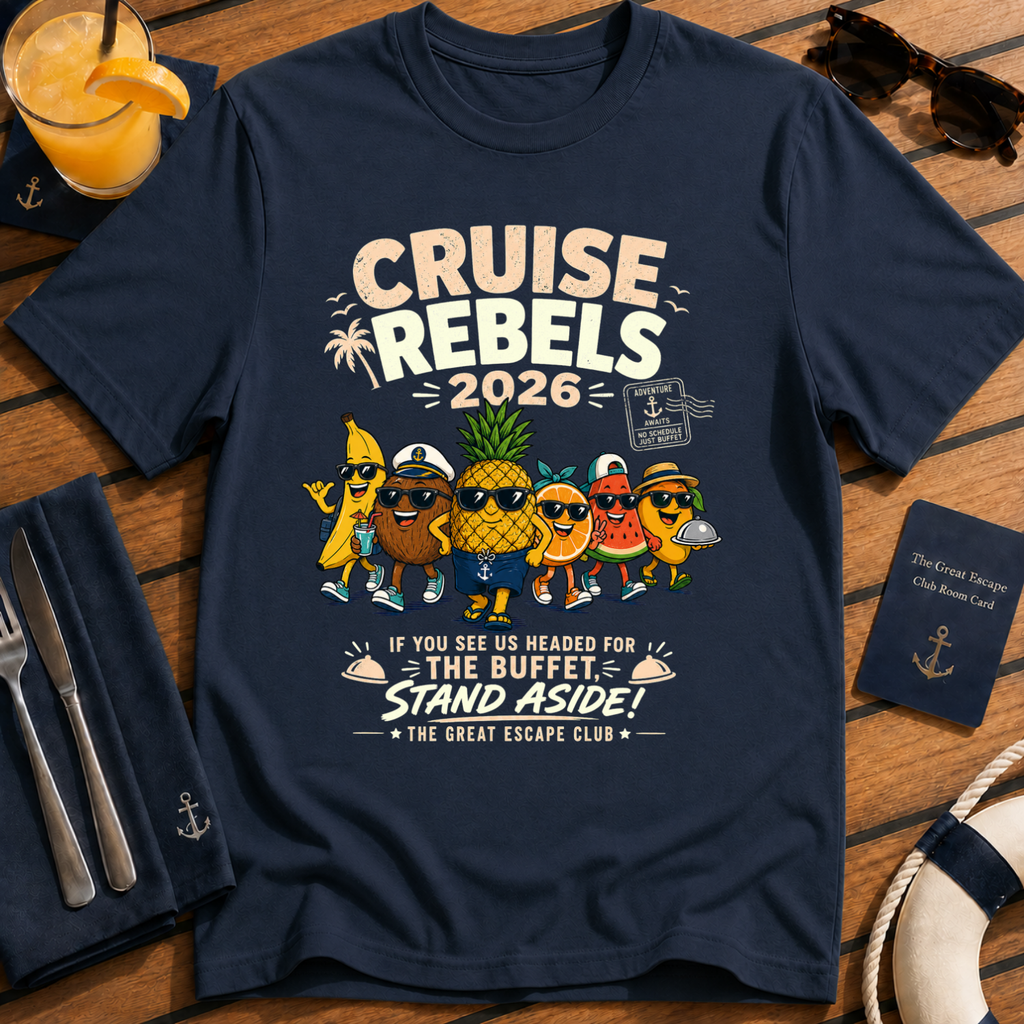 Cruise Rebels 2026 matching navy cruise t-shirt for groups, families, solo sailors and holiday crews by The Great Escape Club