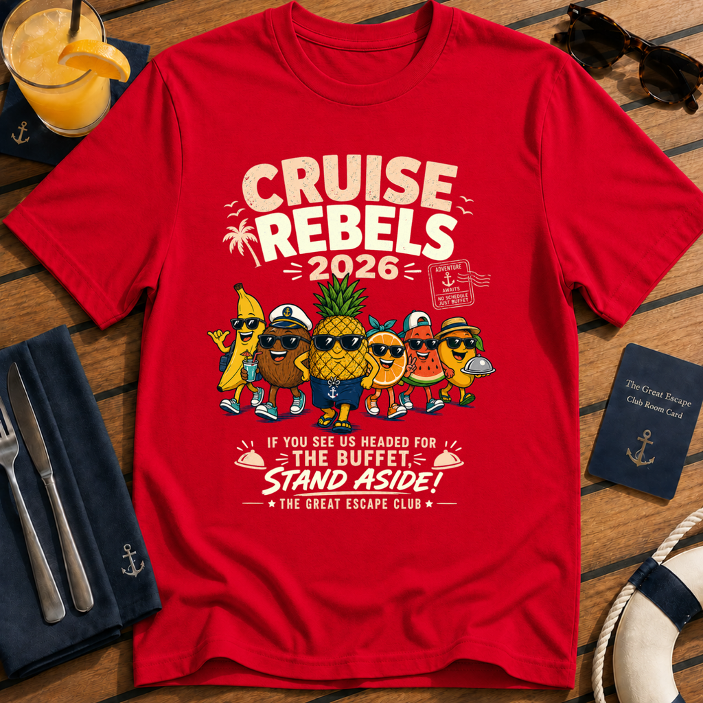 Cruise Rebels 2026 matching red cruise t-shirt for groups, families, solo sailors and holiday crews by The Great Escape Club