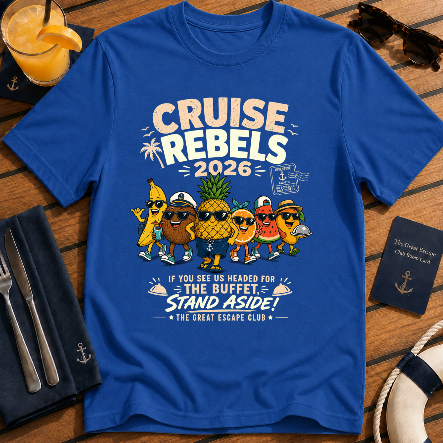 Cruise Rebels 2026 matching royal blue cruise t-shirt for groups, families, solo sailors and holiday crews by The Great Escape Club