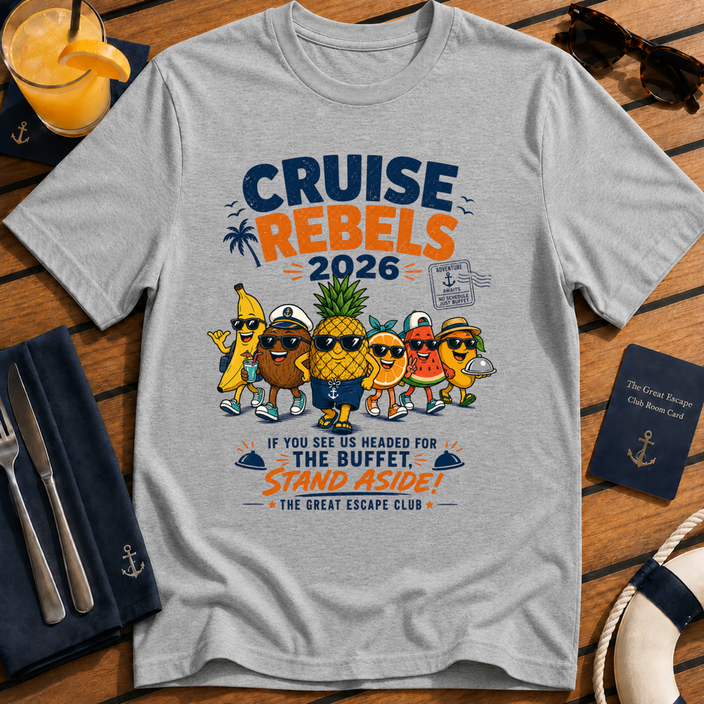 Cruise Rebels 2026 matching grey cruise t-shirt for groups, families, solo sailors and holiday crews by The Great Escape Club
