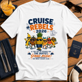 Cruise Rebels 2026 matching white cruise t-shirt for groups, families, solo sailors and holiday crews by The Great Escape Club