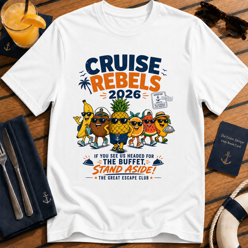 Cruise Rebels 2026 matching white cruise t-shirt for groups, families, solo sailors and holiday crews by The Great Escape Club