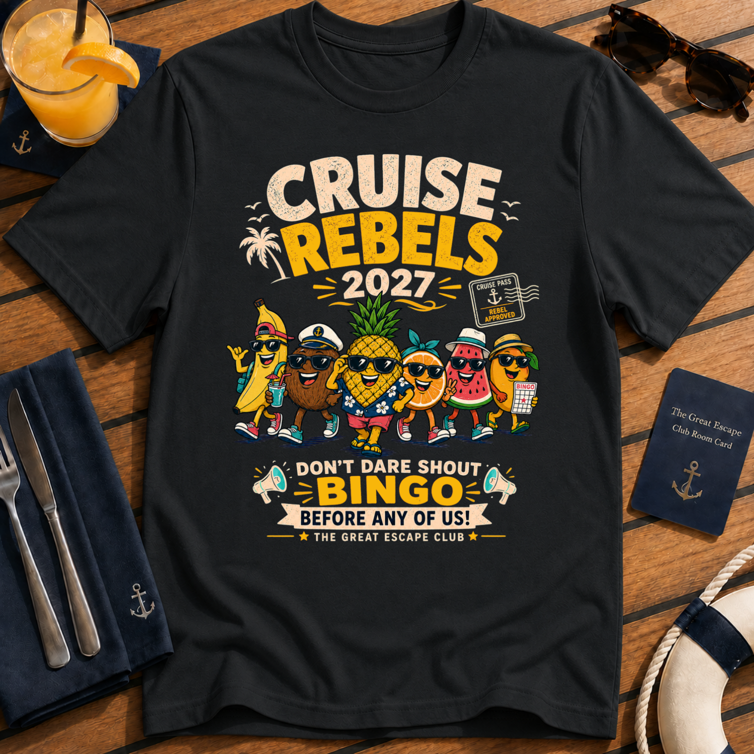 Cruise Rebels 2027 matching black cruise t-shirt for groups, families, solo sailors and holiday crews by The Great Escape Club