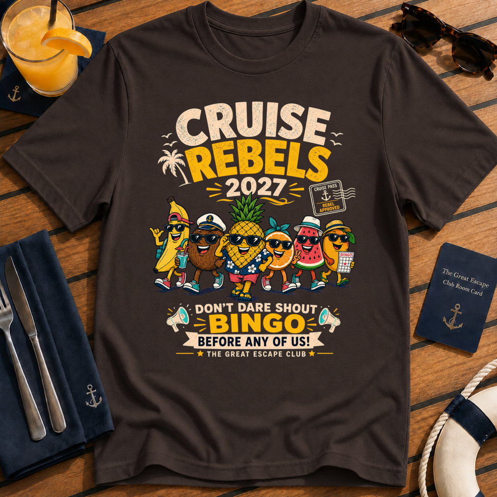 Cruise Rebels 2027 matching dark chocolate cruise t-shirt for groups, families, solo sailors and holiday crews by The Great Escape Club