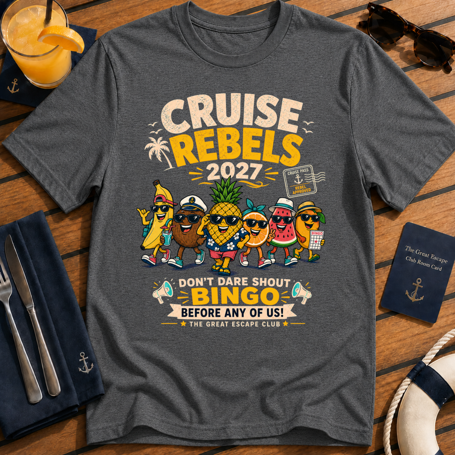 Cruise Rebels 2027 matching dark heather grey cruise t-shirt for groups, families, solo sailors and holiday crews by The Great Escape Club