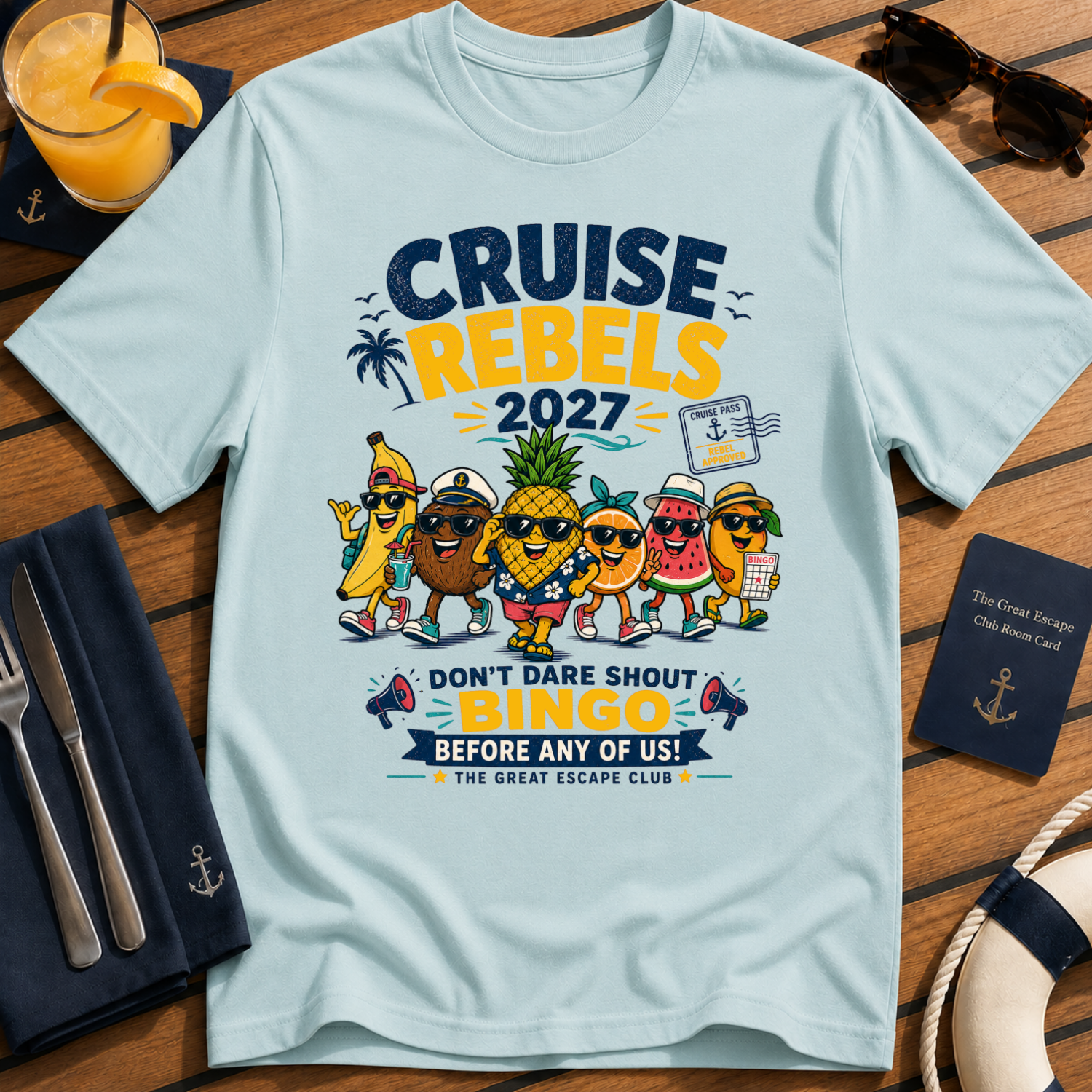Cruise Rebels 2027 matching light blue cruise t-shirt for groups, families, solo sailors and holiday crews by The Great Escape Club