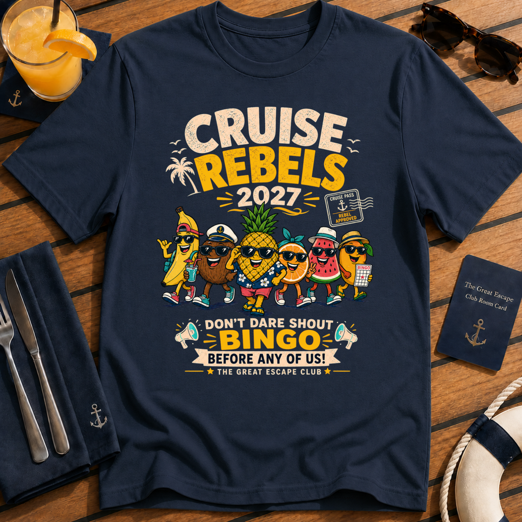Cruise Rebels 2027 matching navy cruise t-shirt for groups, families, solo sailors and holiday crews by The Great Escape Club