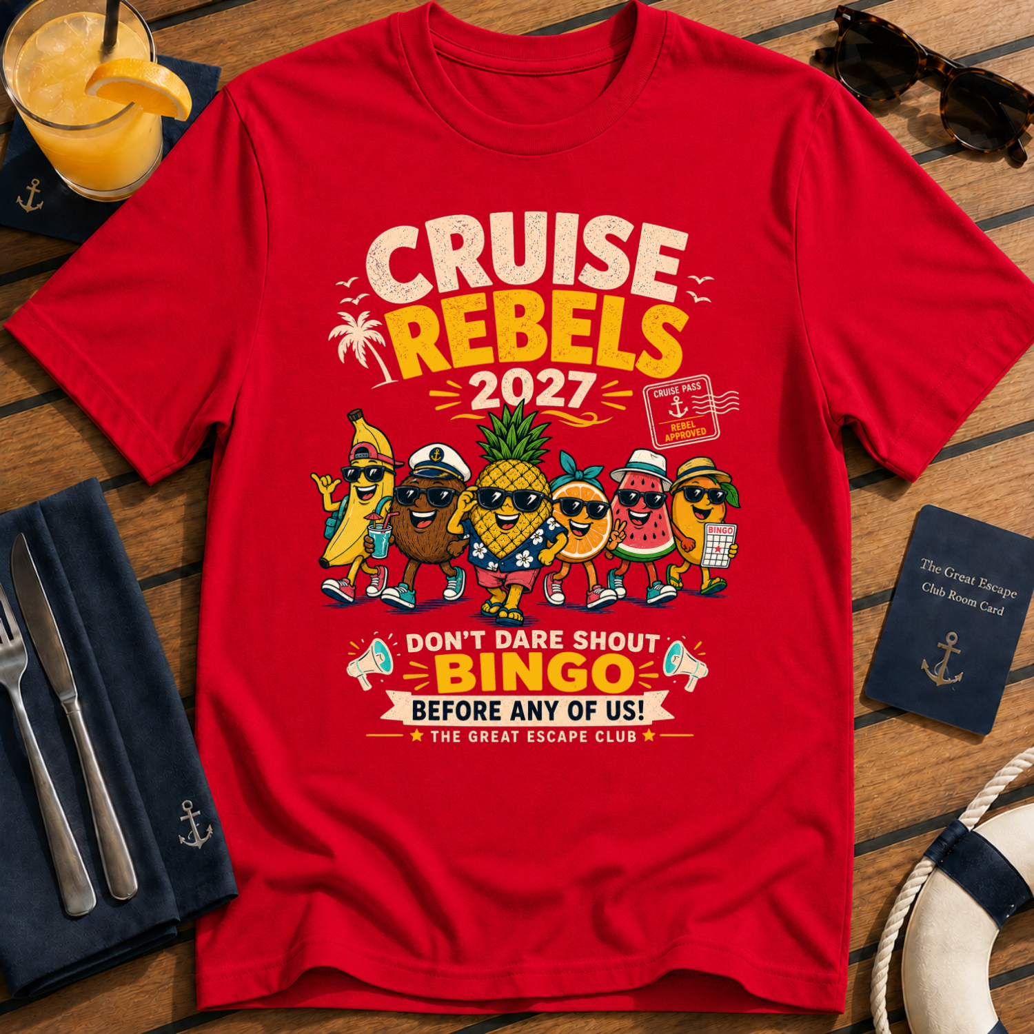 Cruise Rebels 2027 matching red cruise t-shirt for groups, families, solo sailors and holiday crews by The Great Escape Club