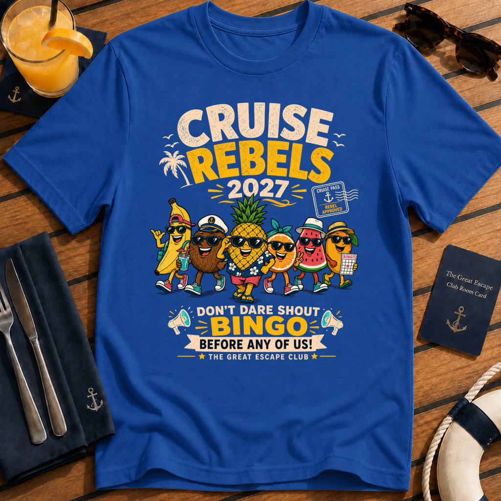 Cruise Rebels 2027 matching royal blue cruise t-shirt for groups, families, solo sailors and holiday crews by The Great Escape Club