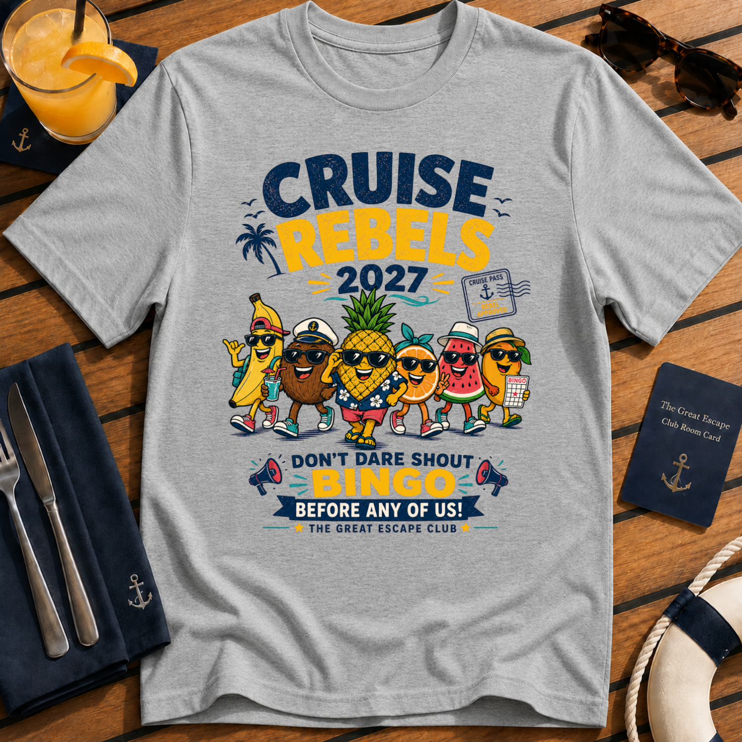 Cruise Rebels 2027 matching grey cruise t-shirt for groups, families, solo sailors and holiday crews by The Great Escape Club
