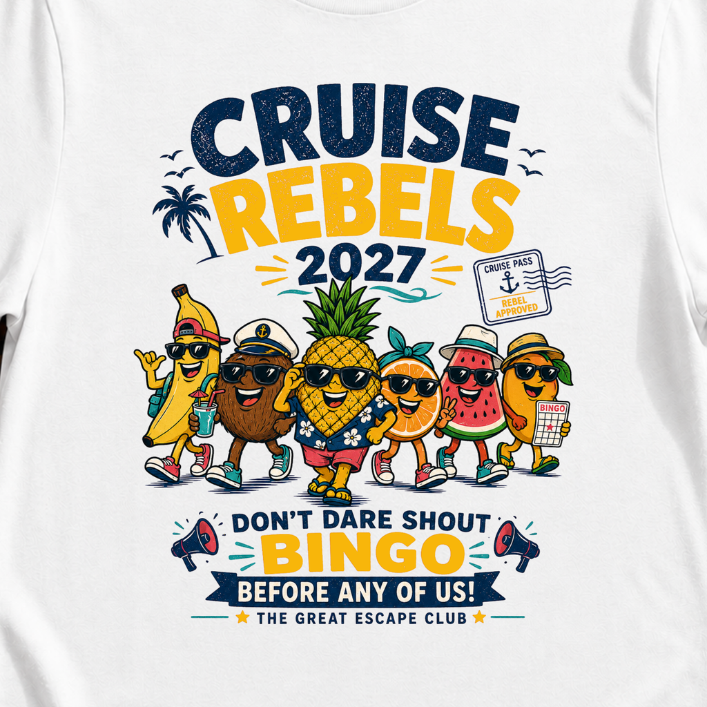 Cruise Rebels 2027 matching white cruise t-shirt for groups, families, solo sailors and holiday crews by The Great Escape Club