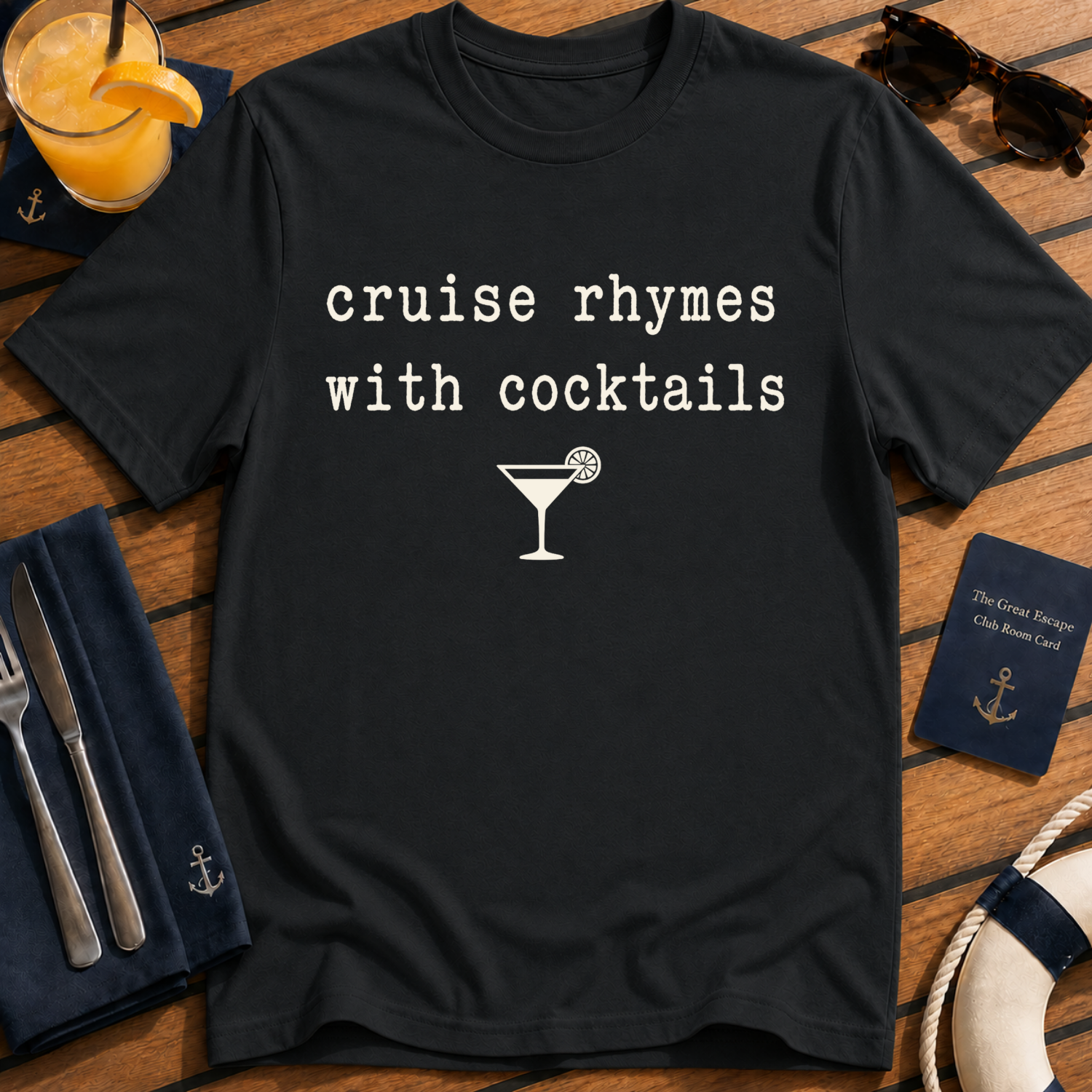 Cruise Rhymes With Cocktails funny cocktail cruise t-shirt design on Black shirt
