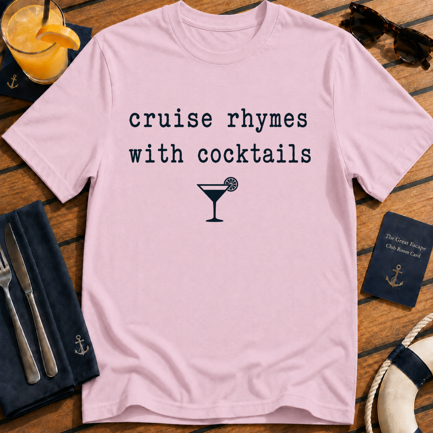 Cruise Rhymes With Cocktails funny cocktail cruise t-shirt design on Light Pink shirt