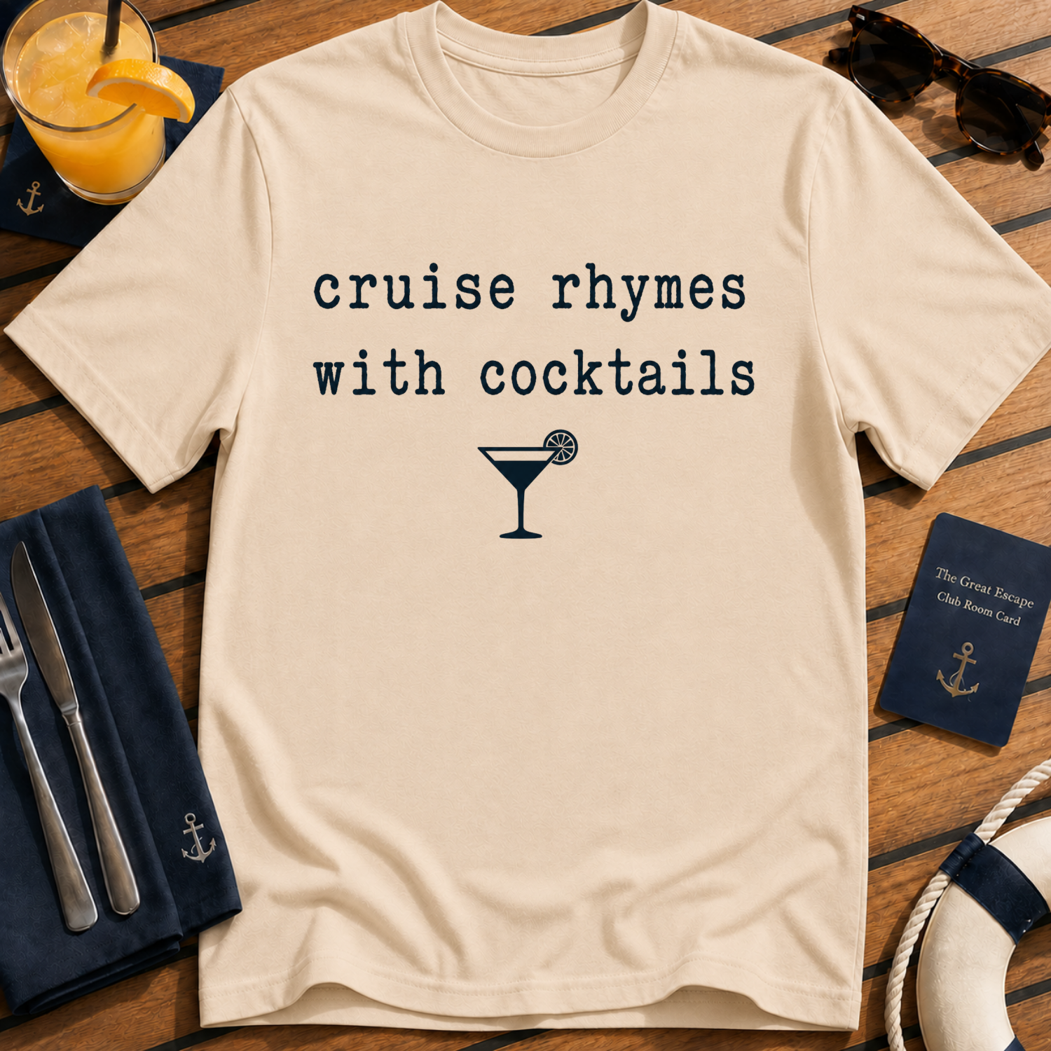 Cruise Rhymes With Cocktails funny cocktail cruise t-shirt design on Natural shirt
