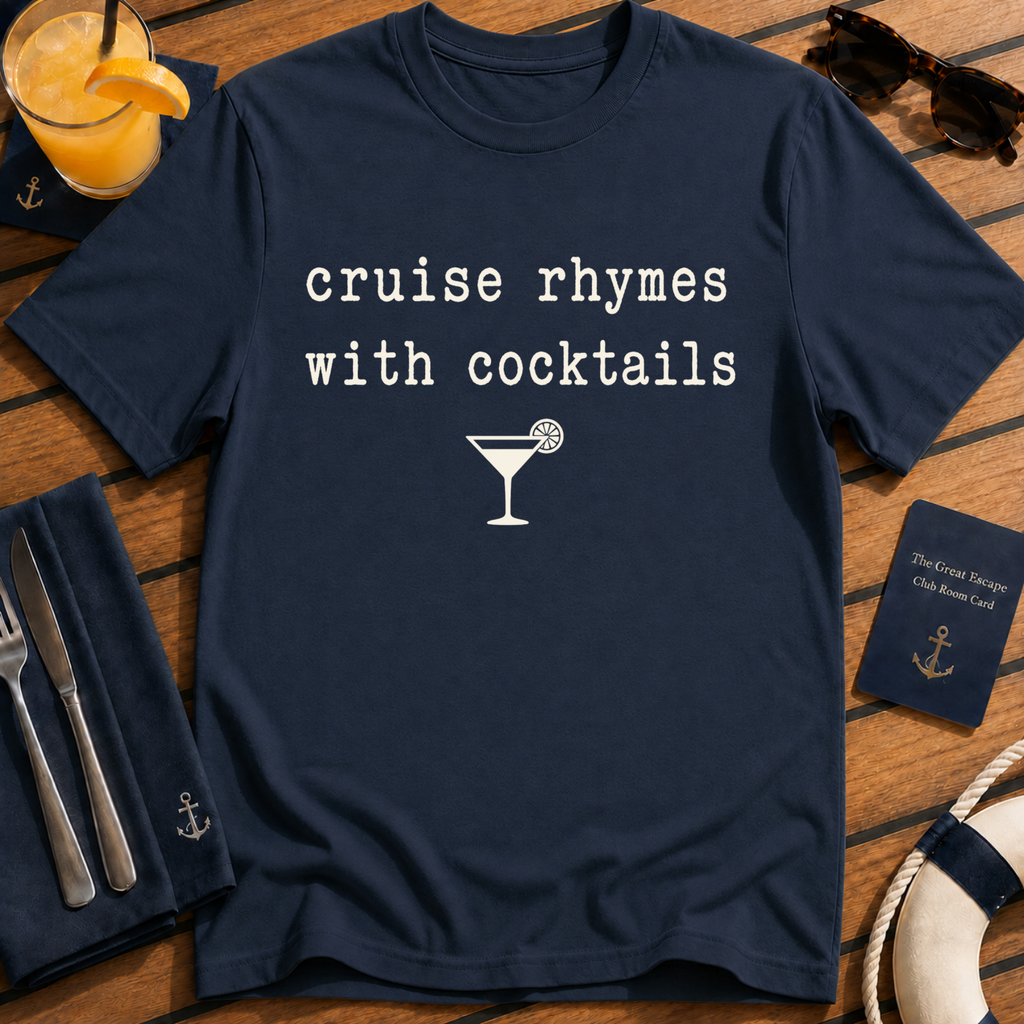 Cruise Rhymes With Cocktails funny cocktail cruise t-shirt design on Navy shirt