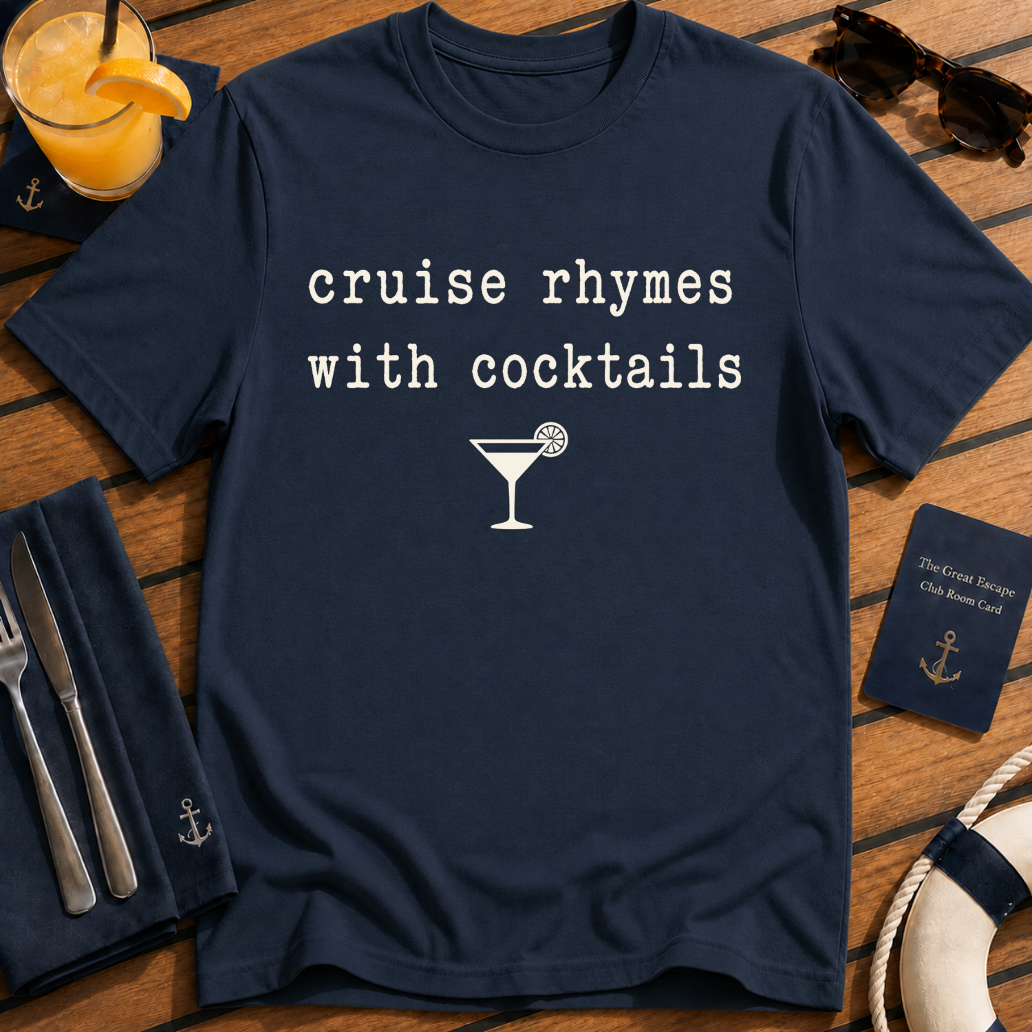 Cruise Rhymes With Cocktails funny cocktail cruise t-shirt design on Navy shirt