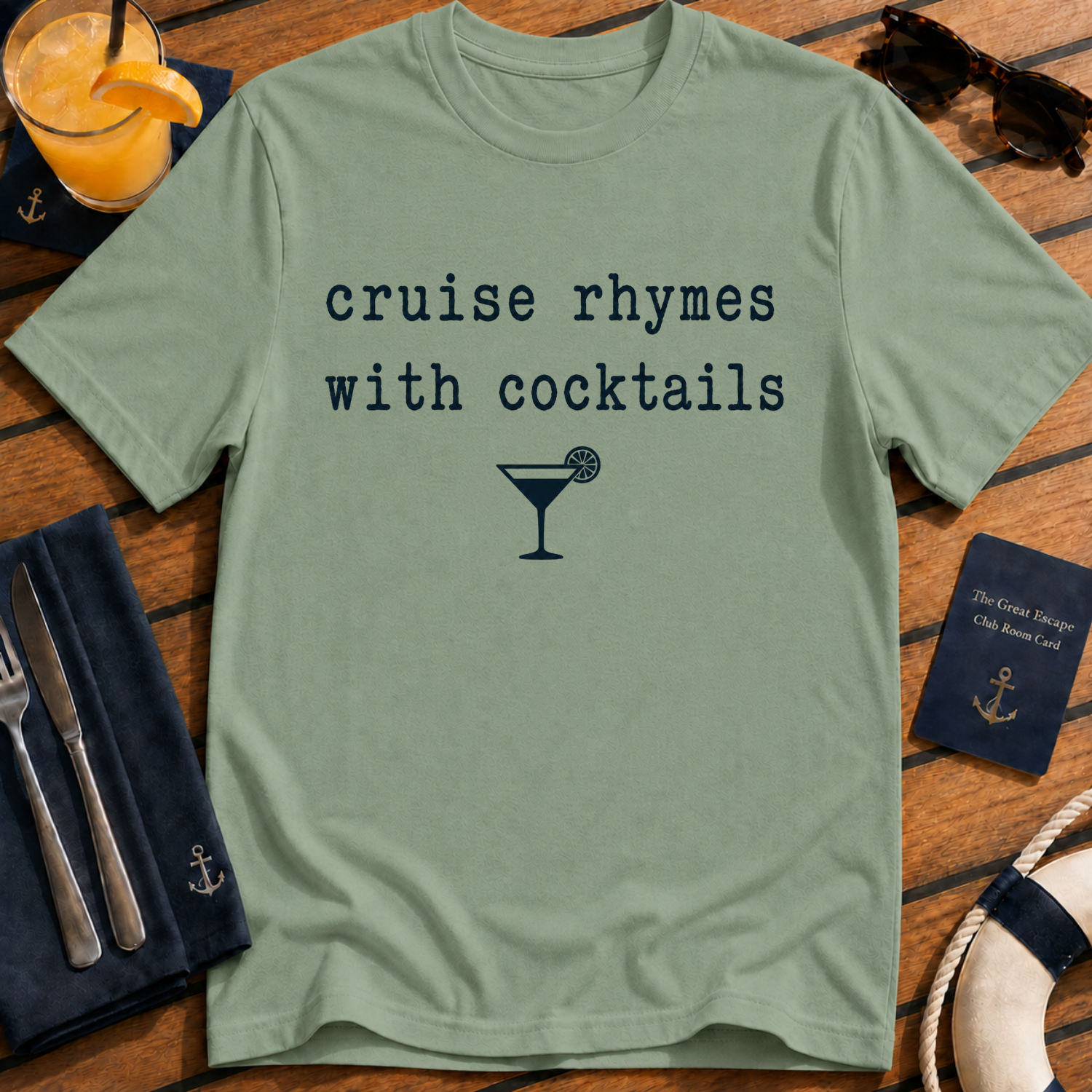 Cruise Rhymes With Cocktails funny cocktail cruise t-shirt design on Sage shirt