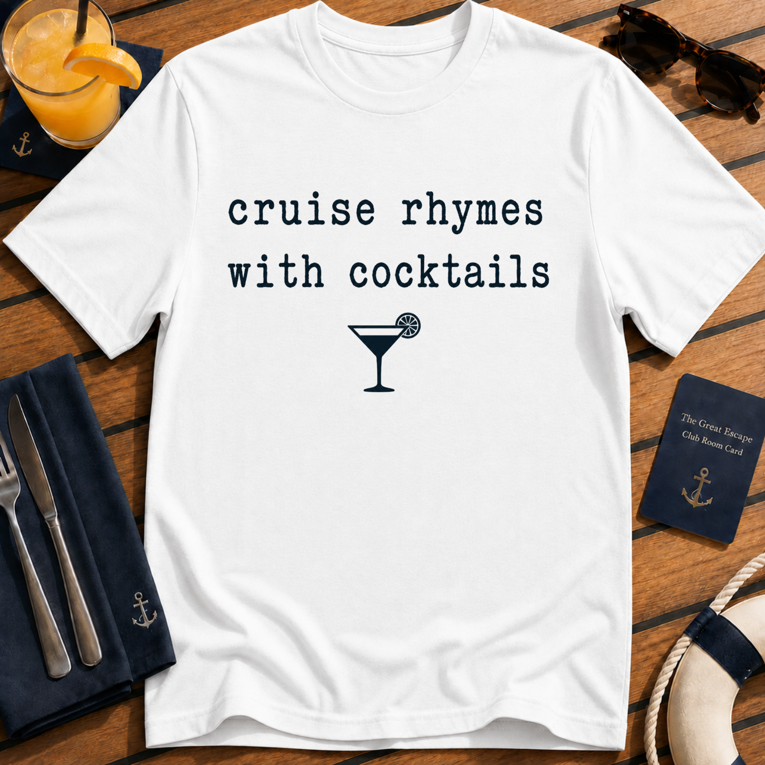 Cruise Rhymes With Cocktails funny cocktail cruise t-shirt design on White shirt