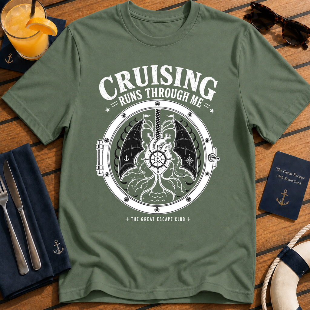 Cruising Runs Through Me funny cruise t-shirt design on Military Green shirt
