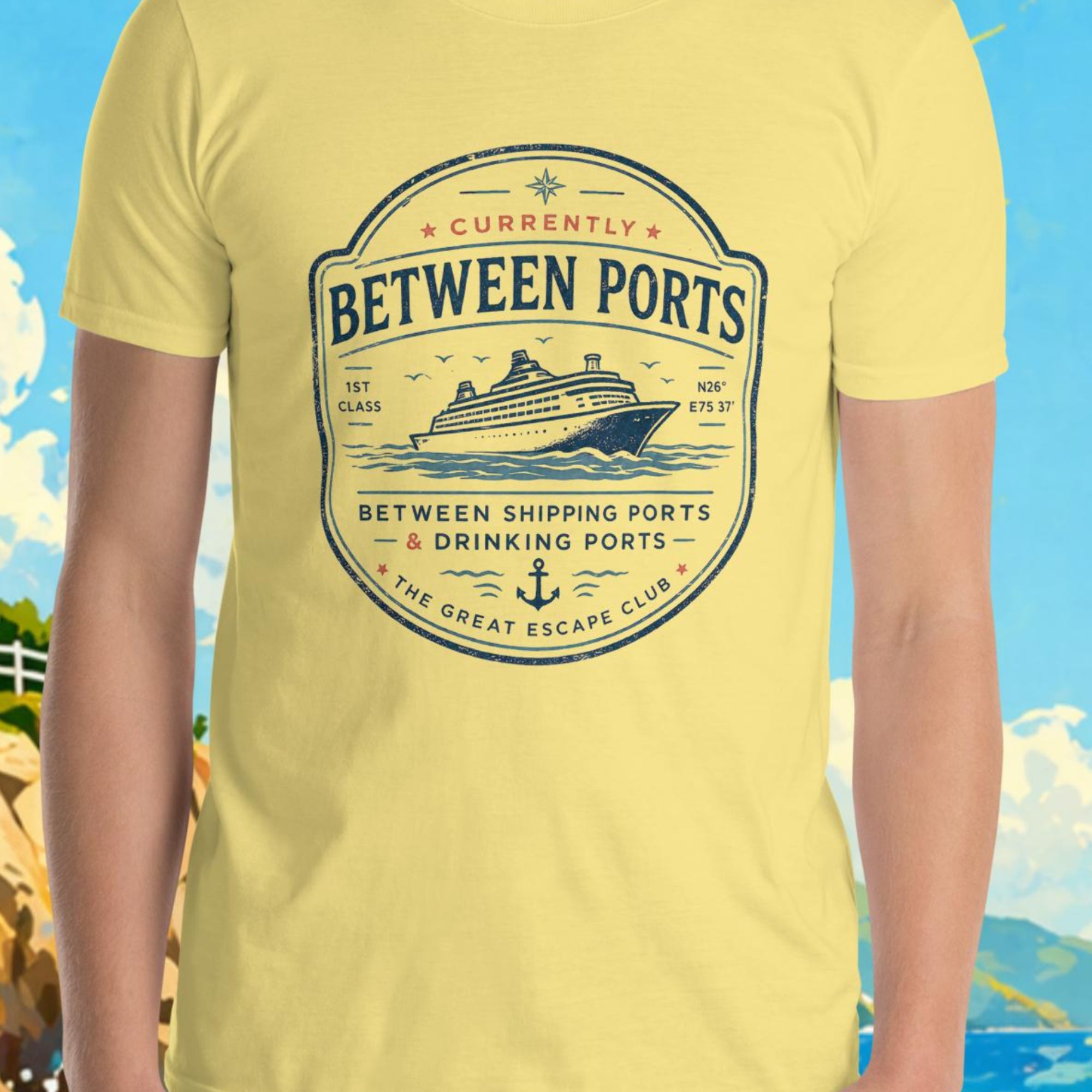 Person wearing a yellow t-shirt with a graphic design in front of a scenic background with a lighthouse and sailboat.
