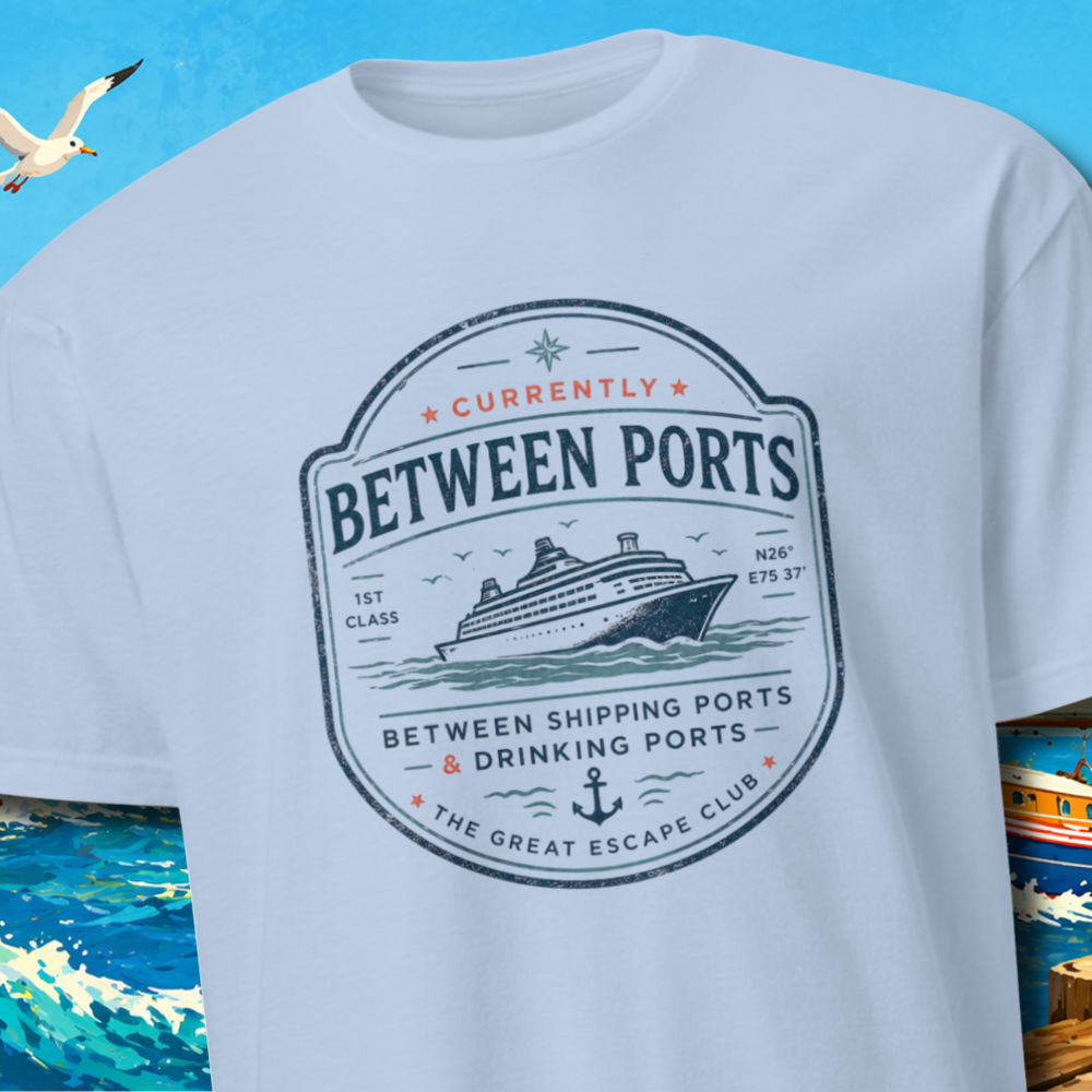 Currently Between Ports unisex T-shirt featuring a funny cruise travel design about shipping ports and drinking ports with The Great Escape Club branding.