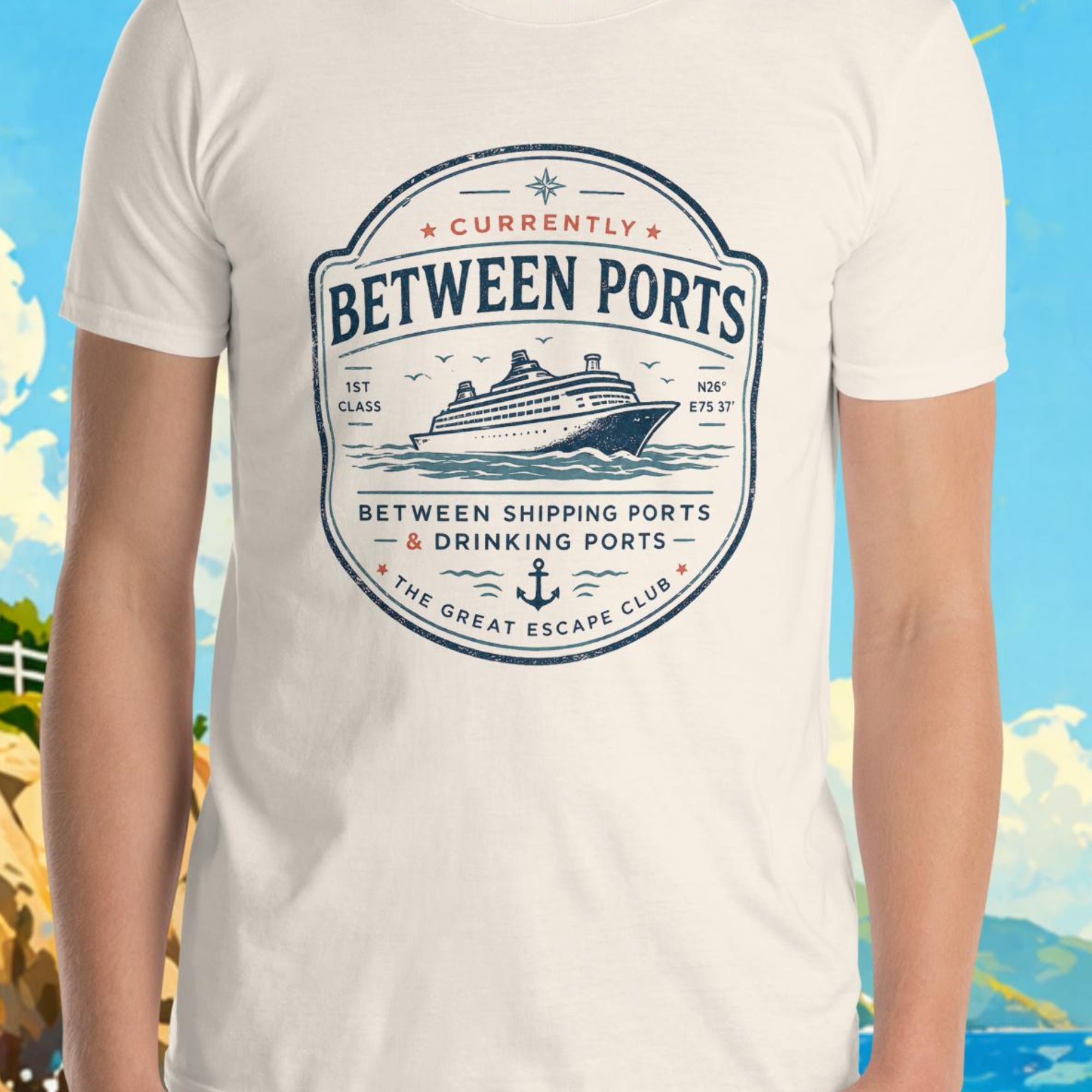 Person wearing a t-shirt with a lighthouse and ocean scene in the background