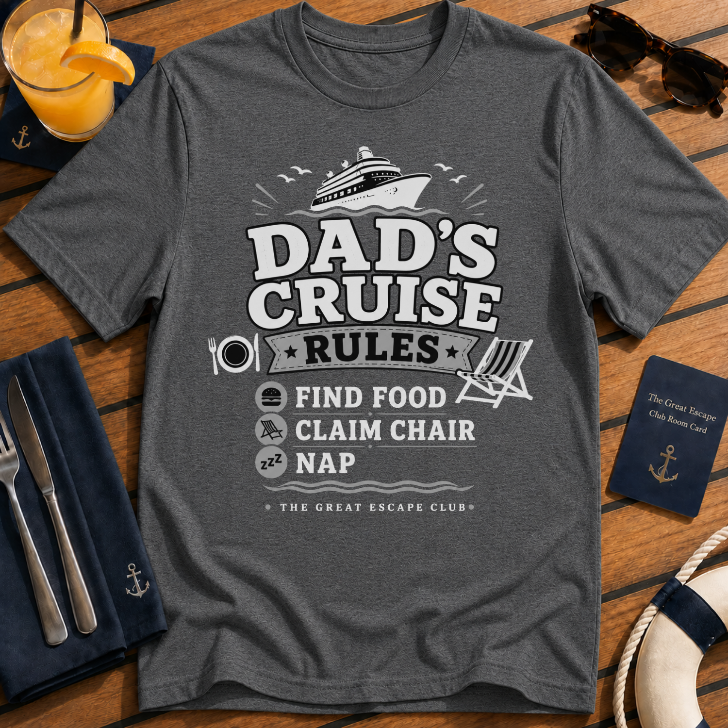 Dad’s Cruise Rules funny cruise dad t-shirt design on Dark Heather shirt