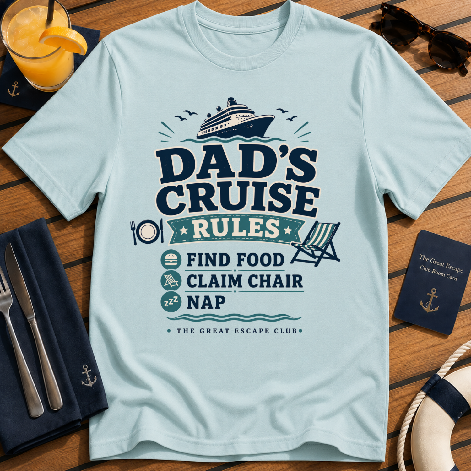 Dad’s Cruise Rules funny cruise dad t-shirt design on Light Blue shirt