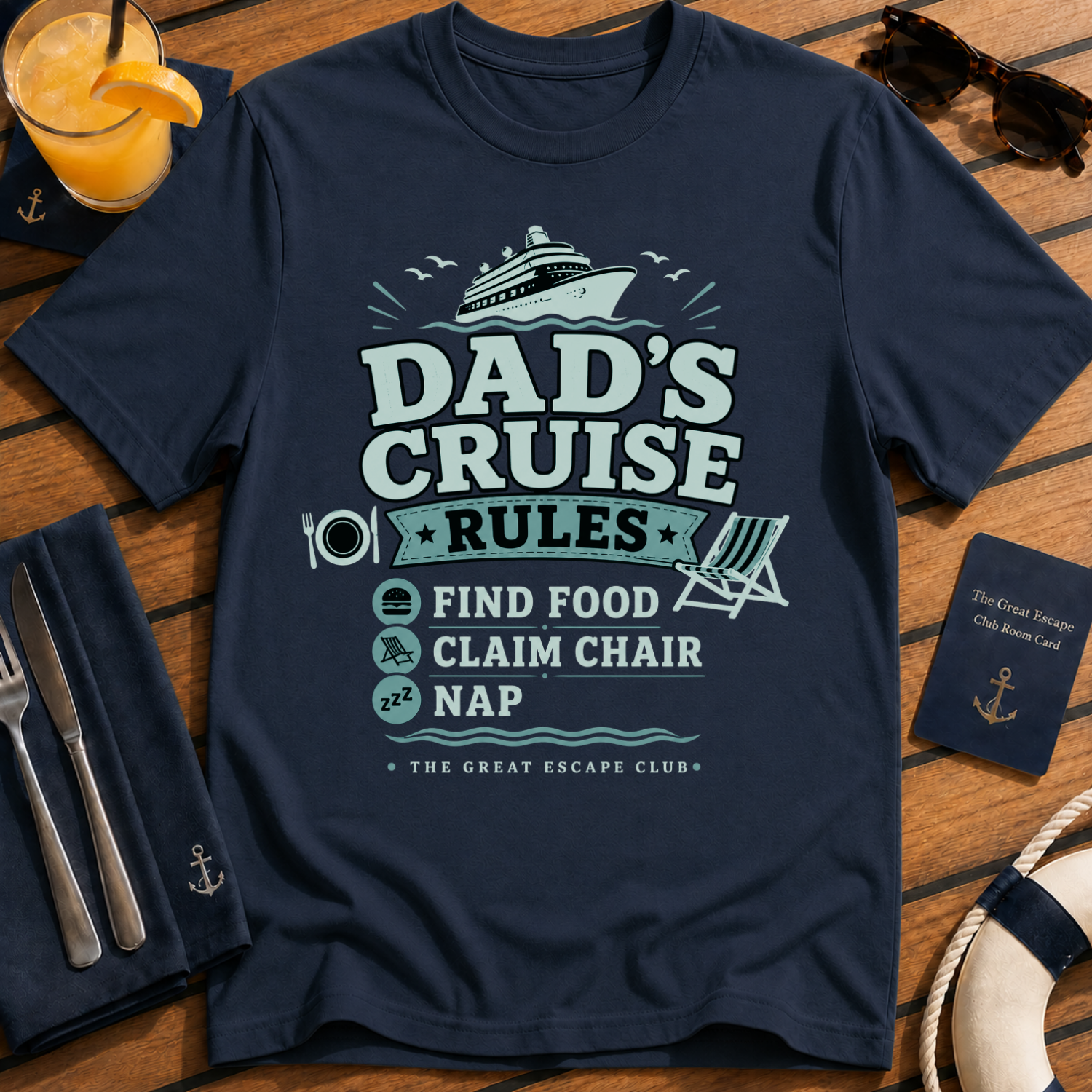 Dad’s Cruise Rules funny cruise dad t-shirt design on Navy shirt