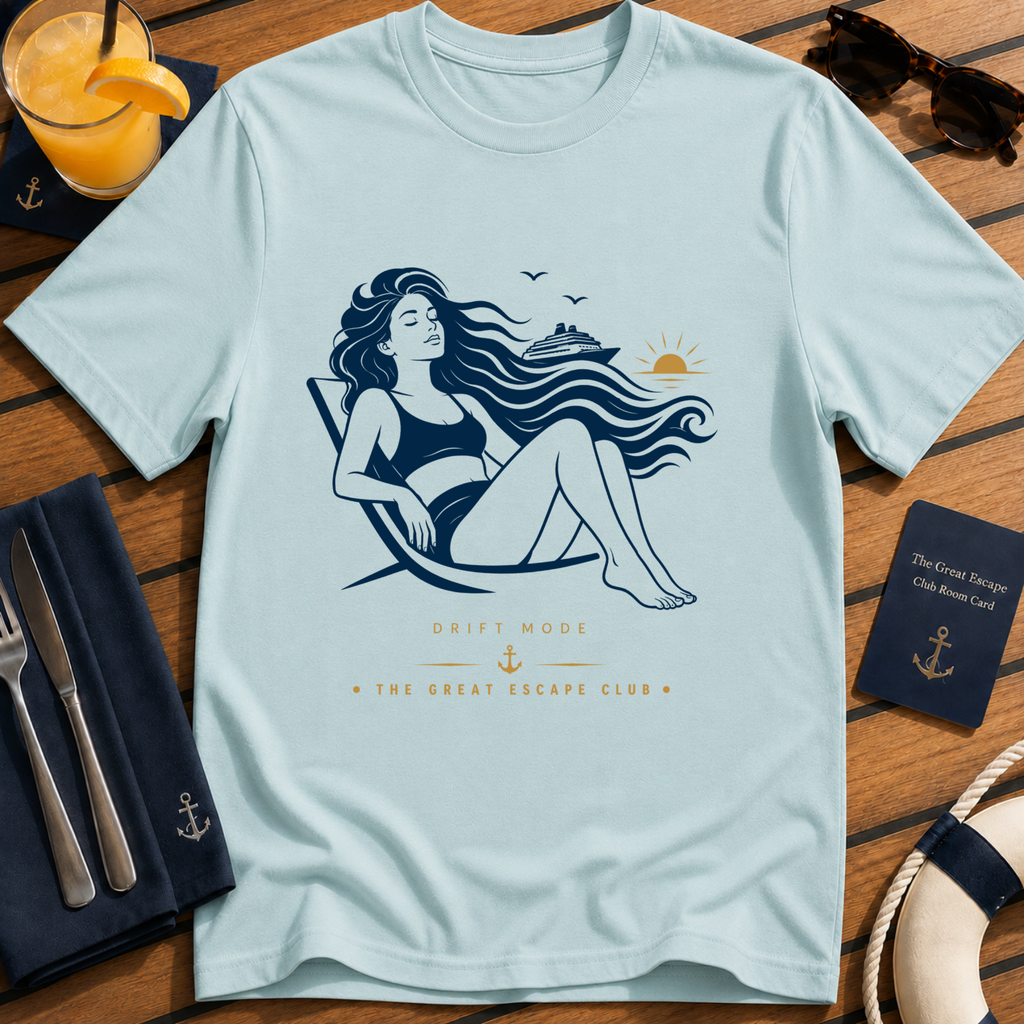 Drift Mode calm ocean cruise t-shirt design on Light Blue shirt