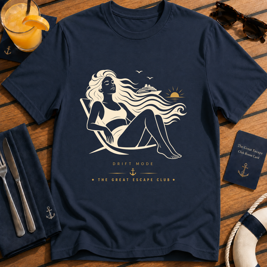 Drift Mode calm ocean cruise t-shirt design on Navy shirt