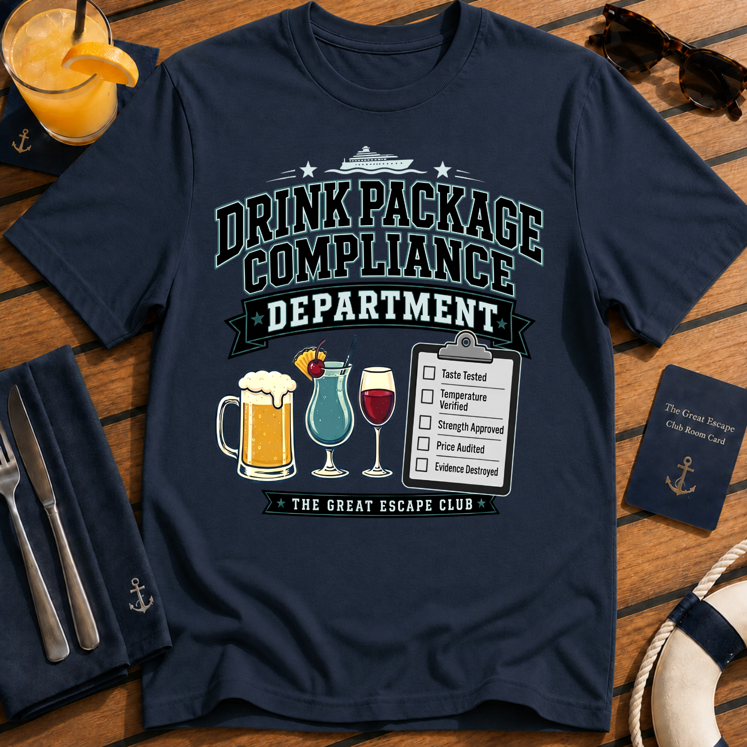 Drink Package Compliance Department t-shirt design on Navy shirt