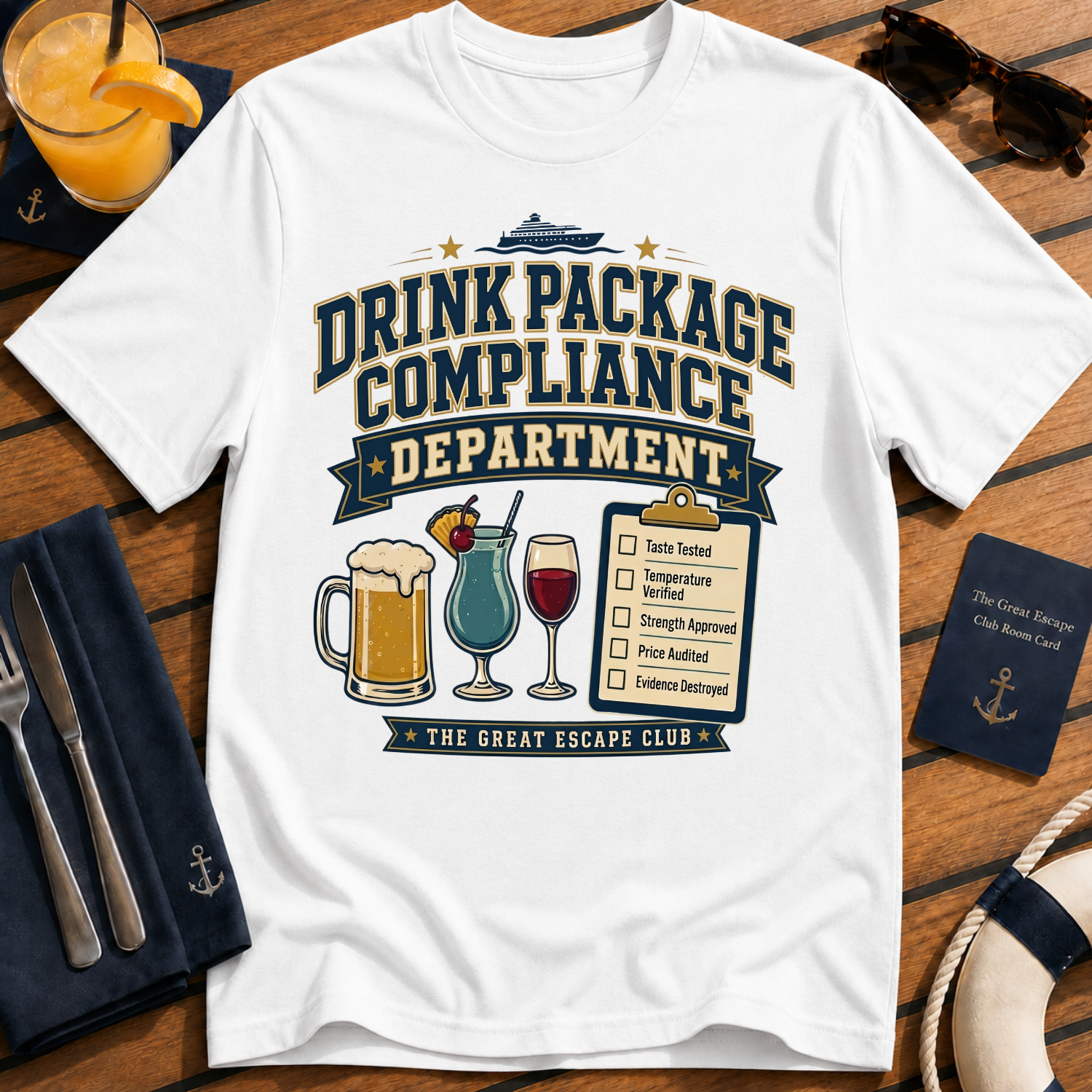 Drink Package Compliance Department t-shirt design on White shirt