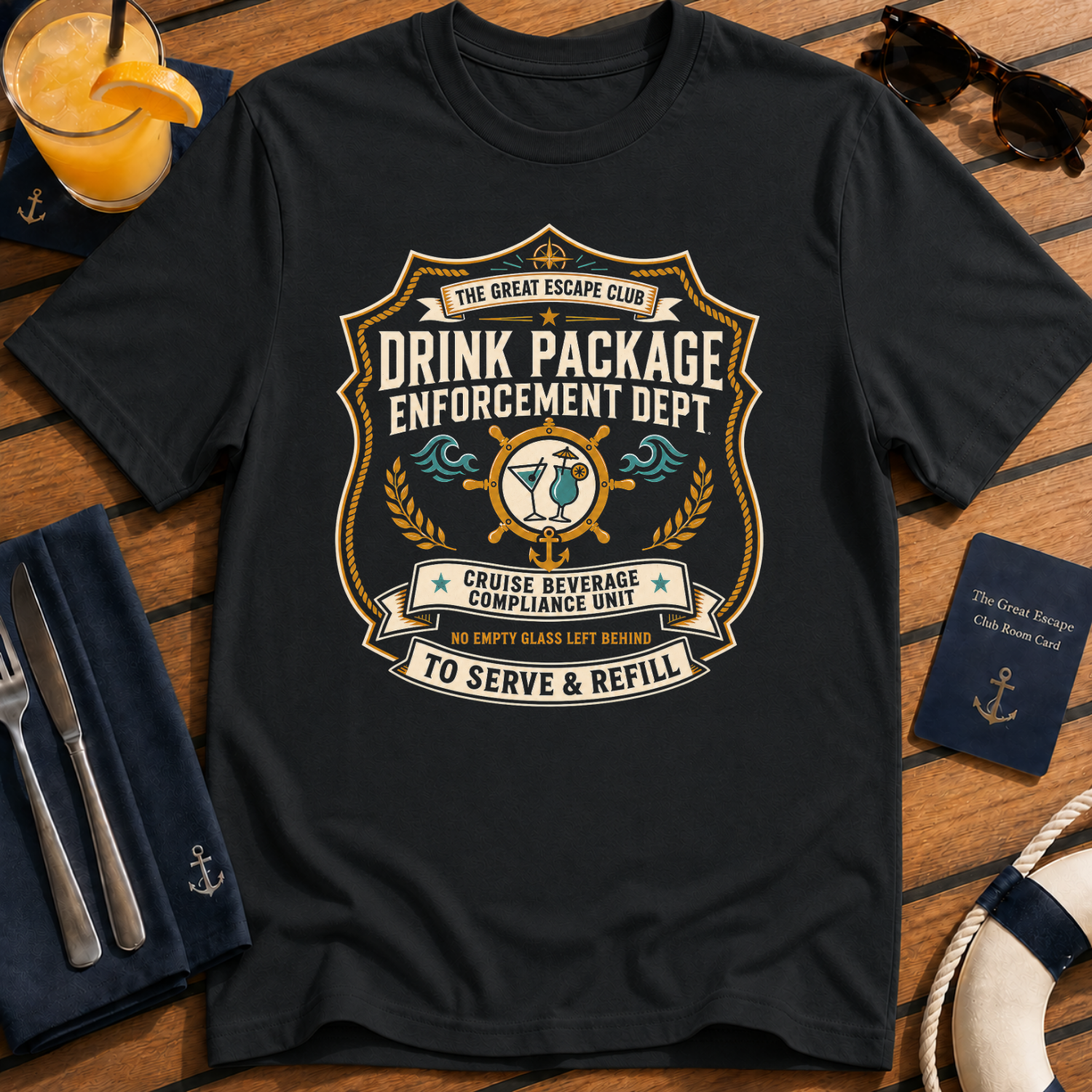 Drink Package Enforcement Dept funny cruise badge t-shirt design on Black shirt
