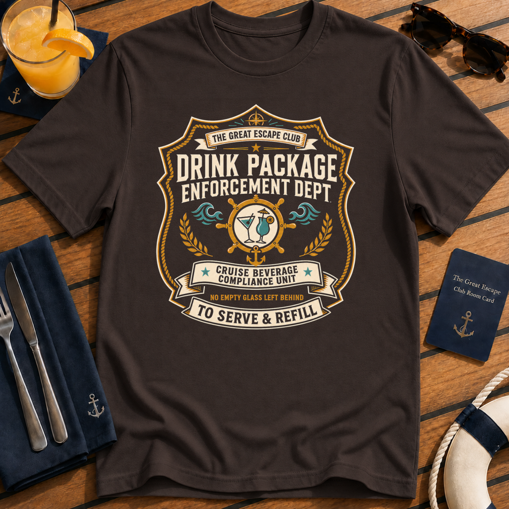 Drink Package Enforcement Dept funny cruise badge t-shirt design on Dark Chocolate shirt