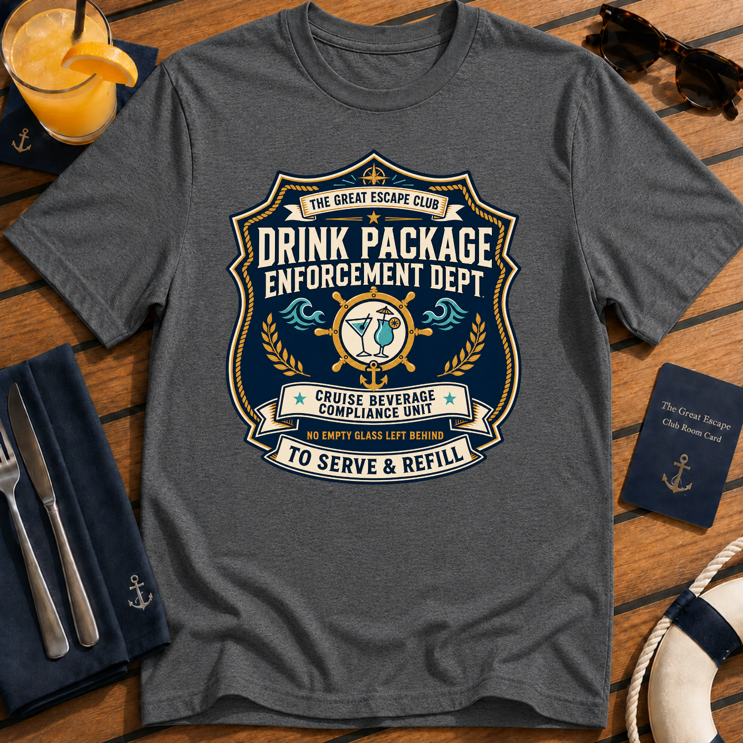 Drink Package Enforcement Dept funny cruise badge t-shirt design on Dark Heather shirt