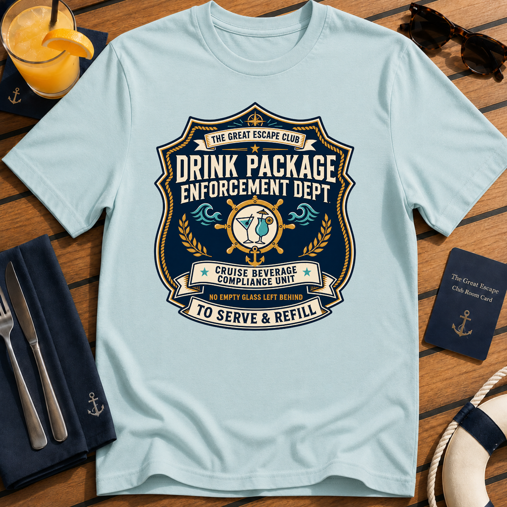 Drink Package Enforcement Dept funny cruise badge t-shirt design on Light Blue shirt